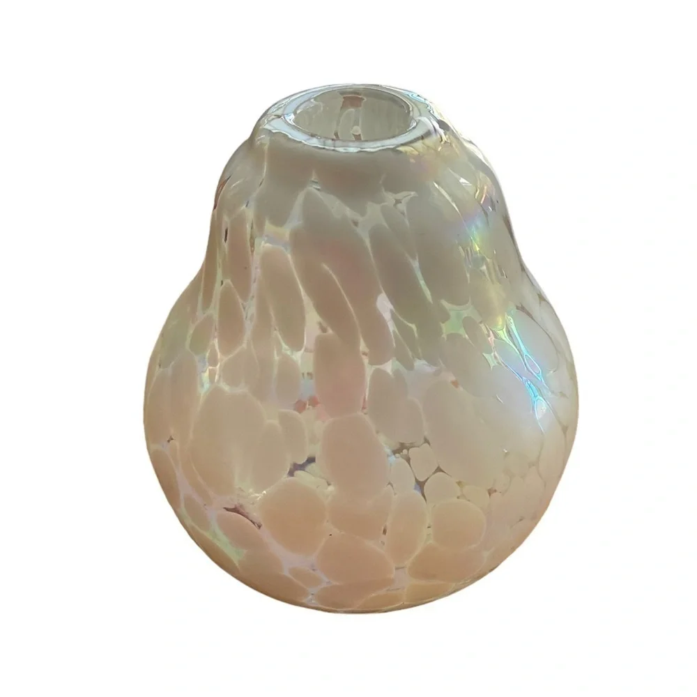 Blown Art Deco Small Glass Bud Vase Iridescent Pearl White and Clear